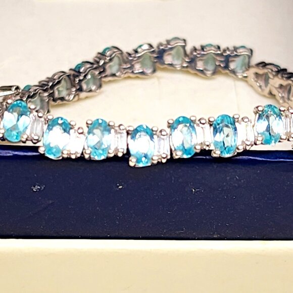 Madagascar Blue Apatite & Moissanite wave tennis bracelet in Rhodium/925SS 7.25" - Picture 1 of 5